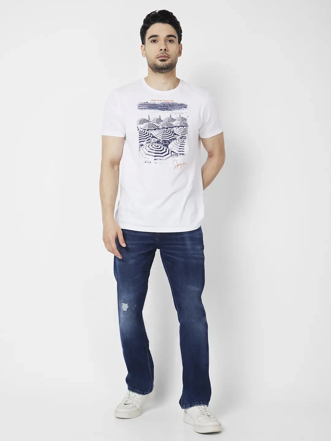 Spykar Men Dark Blue Cotton Comfort Fit Regular Length Mild Distressed Mid Rise Jeans (Rafter)